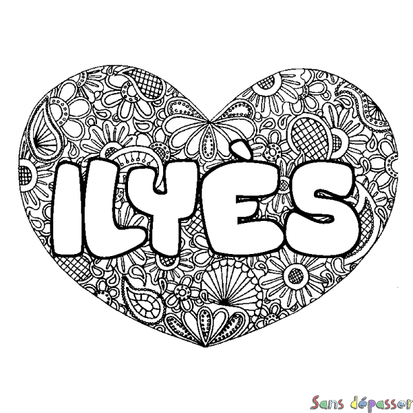 Coloriage pr&eacute;nom ILY&Egrave;S - d&eacute;cor Mandala coeur