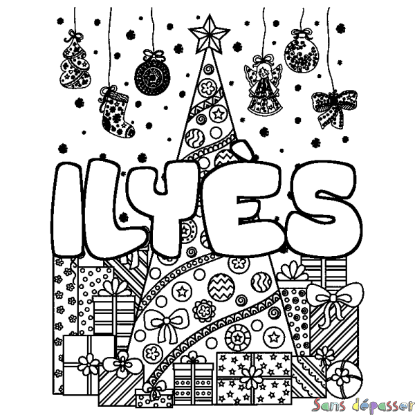 Coloriage pr&eacute;nom ILY&Egrave;S - d&eacute;cor Sapin et Cadeaux