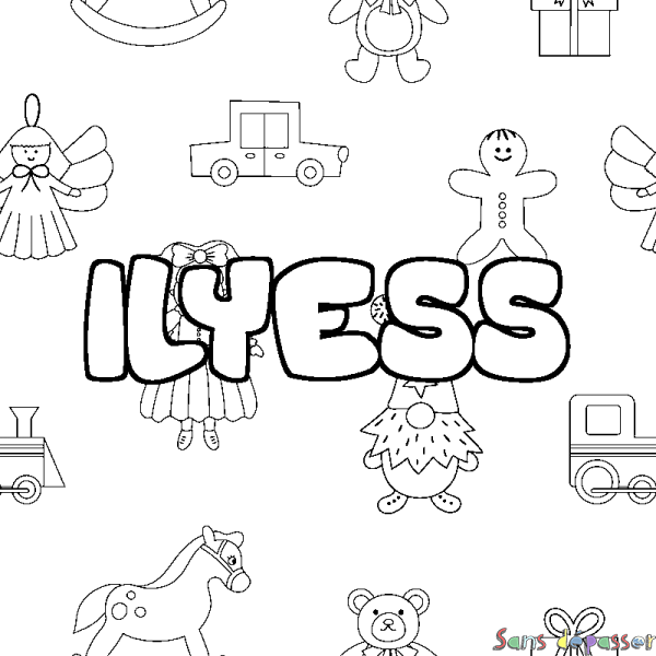 Coloriage pr&eacute;nom ILYESS - d&eacute;cor Jouets