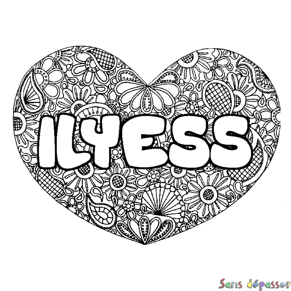 Coloriage pr&eacute;nom ILYESS - d&eacute;cor Mandala coeur