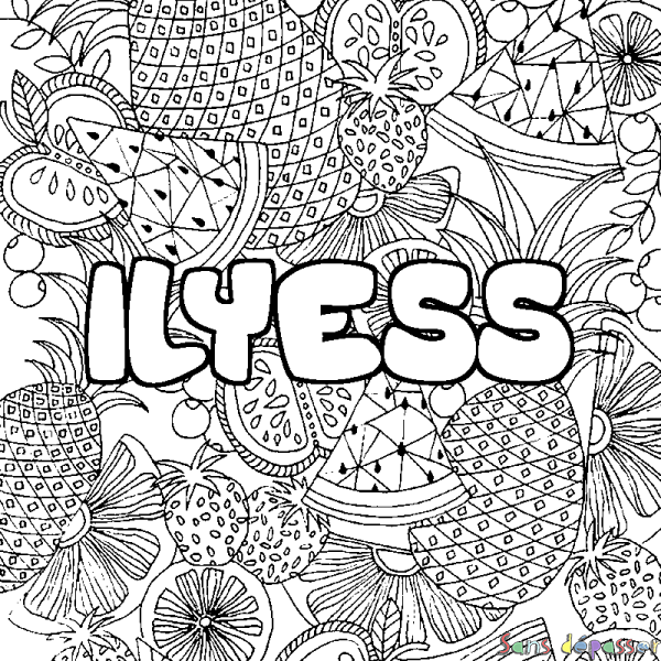 Coloriage pr&eacute;nom ILYESS - d&eacute;cor Mandala fruits