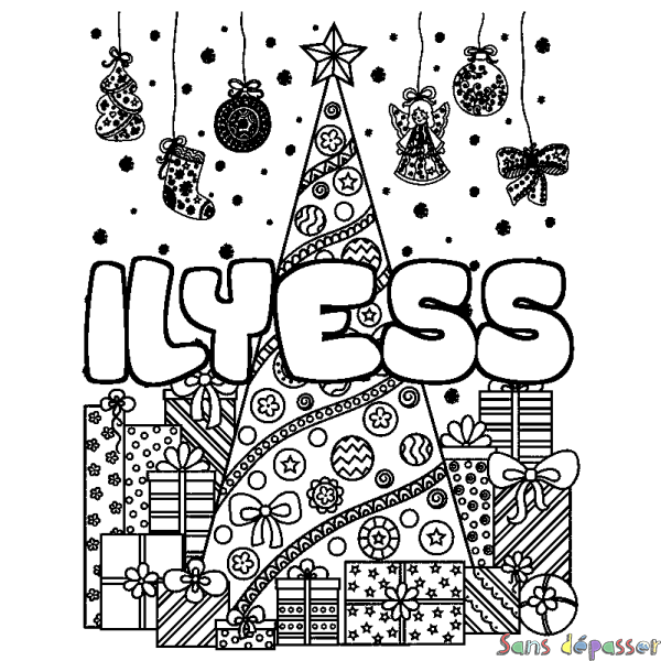 Coloriage pr&eacute;nom ILYESS - d&eacute;cor Sapin et Cadeaux