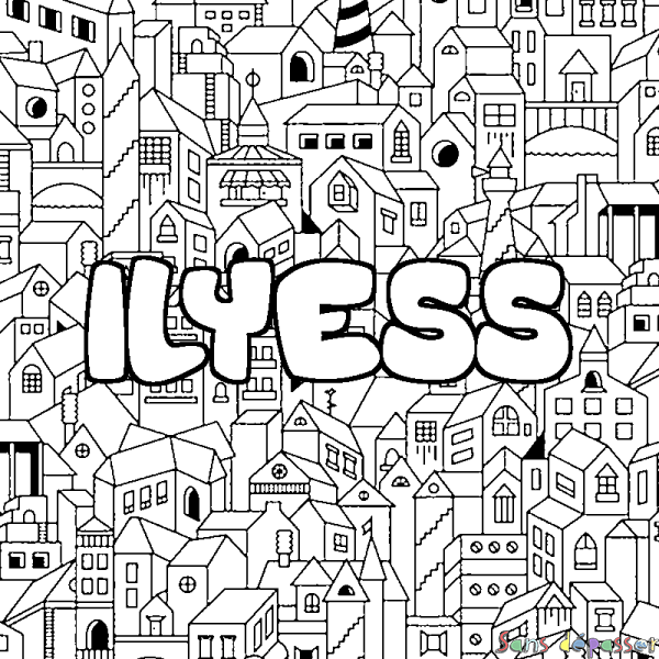 Coloriage pr&eacute;nom ILYESS - d&eacute;cor Ville