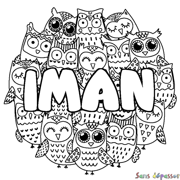 Coloriage pr&eacute;nom IMAN - d&eacute;cor Chouettes