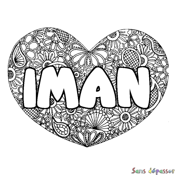 Coloriage pr&eacute;nom IMAN - d&eacute;cor Mandala coeur