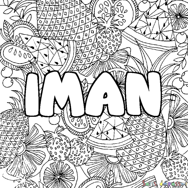 Coloriage pr&eacute;nom IMAN - d&eacute;cor Mandala fruits