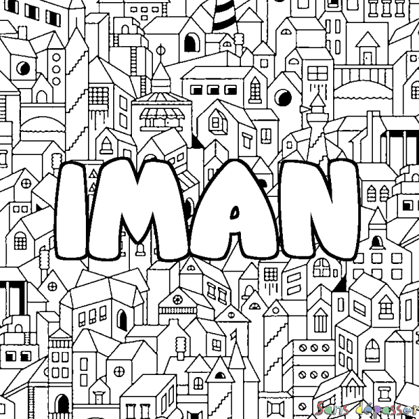 Coloriage pr&eacute;nom IMAN - d&eacute;cor Ville