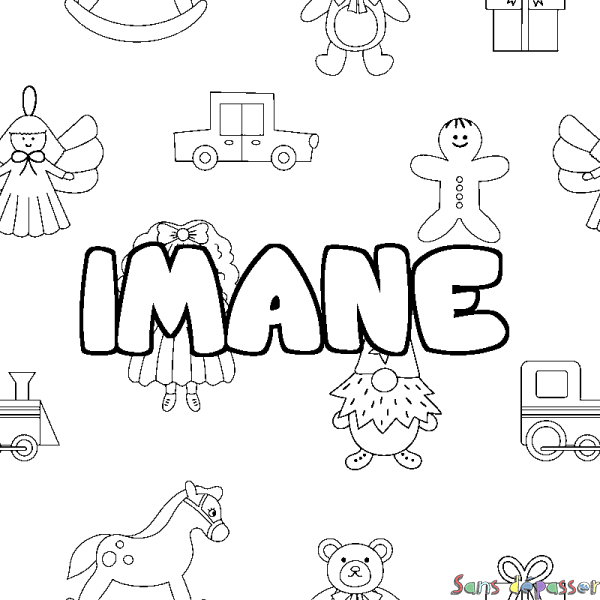 Coloriage pr&eacute;nom IMANE - d&eacute;cor Jouets
