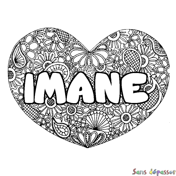 Coloriage pr&eacute;nom IMANE - d&eacute;cor Mandala coeur