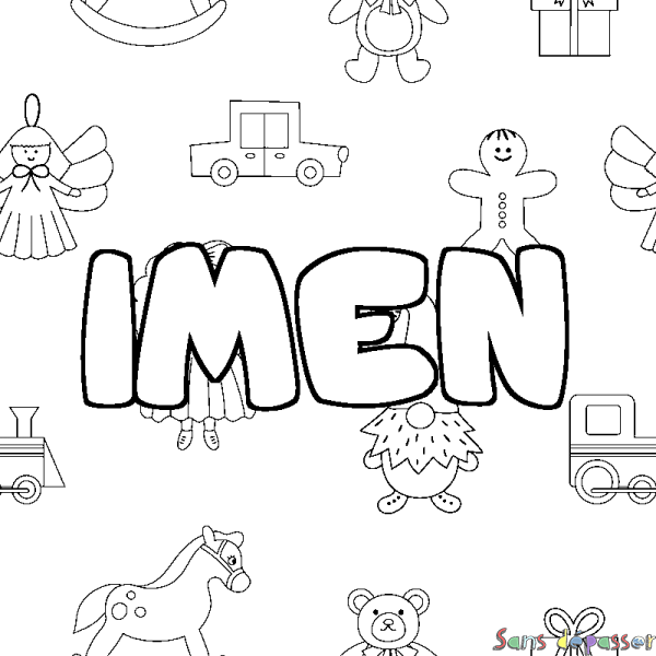 Coloriage pr&eacute;nom IMEN - d&eacute;cor Jouets