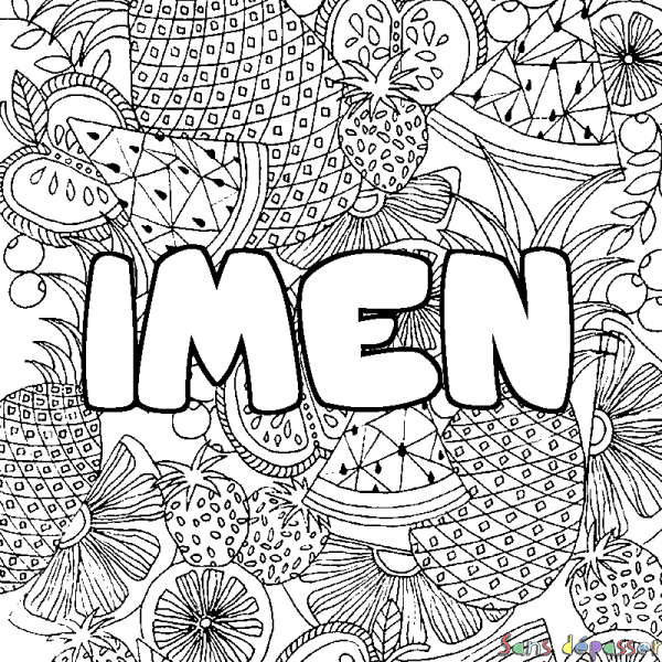 Coloriage pr&eacute;nom IMEN - d&eacute;cor Mandala fruits
