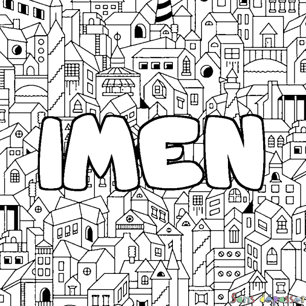 Coloriage pr&eacute;nom IMEN - d&eacute;cor Ville