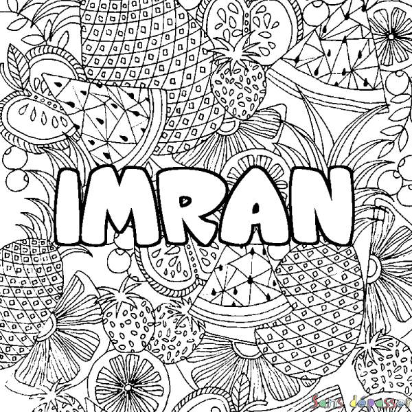 Coloriage pr&eacute;nom IMRAN - d&eacute;cor Mandala fruits