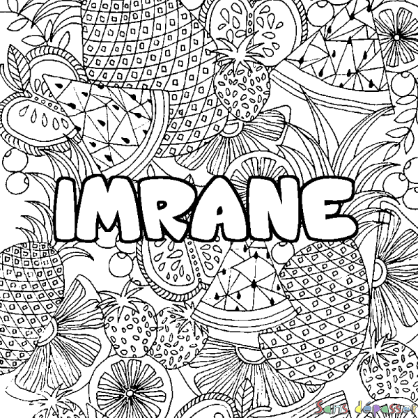 Coloriage pr&eacute;nom IMRANE - d&eacute;cor Mandala fruits