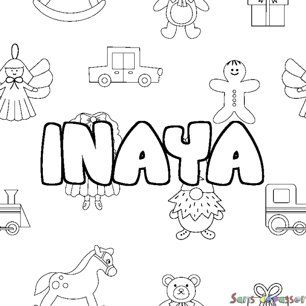 Coloriage pr&eacute;nom INAYA - d&eacute;cor Jouets