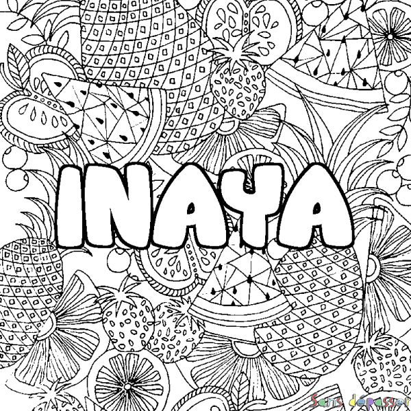 Coloriage pr&eacute;nom INAYA - d&eacute;cor Mandala fruits