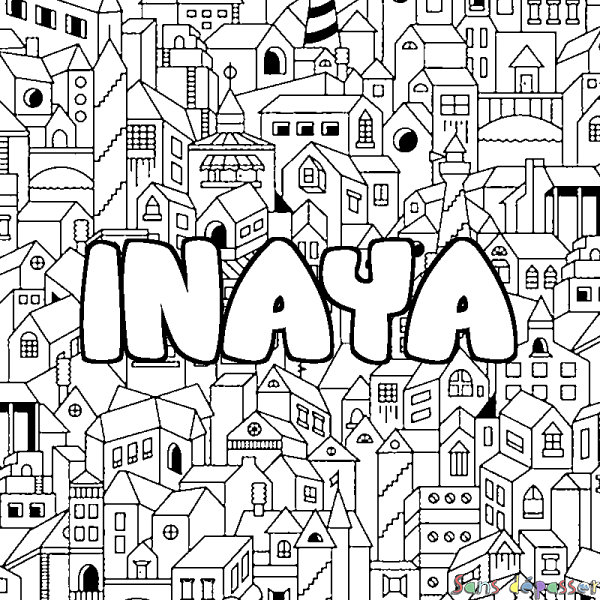 Coloriage pr&eacute;nom INAYA - d&eacute;cor Ville