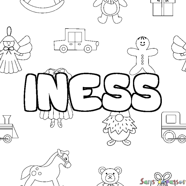 Coloriage pr&eacute;nom INESS - d&eacute;cor Jouets