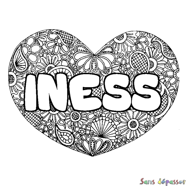 Coloriage pr&eacute;nom INESS - d&eacute;cor Mandala coeur