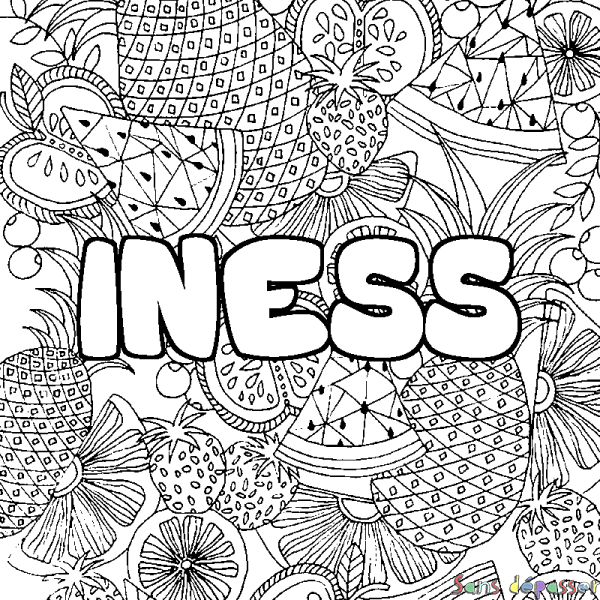 Coloriage pr&eacute;nom INESS - d&eacute;cor Mandala fruits