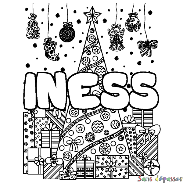 Coloriage pr&eacute;nom INESS - d&eacute;cor Sapin et Cadeaux