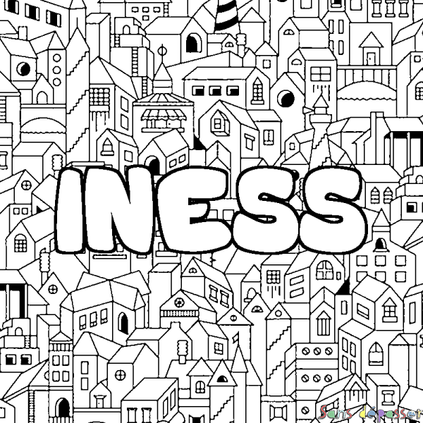 Coloriage pr&eacute;nom INESS - d&eacute;cor Ville