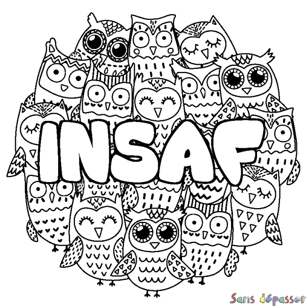 Coloriage pr&eacute;nom INSAF - d&eacute;cor Chouettes