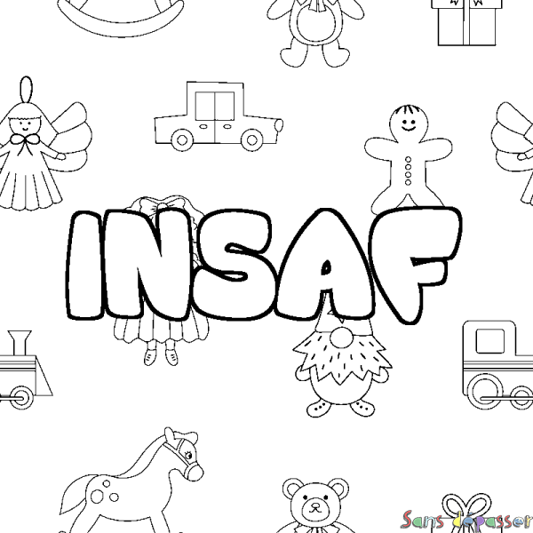 Coloriage pr&eacute;nom INSAF - d&eacute;cor Jouets