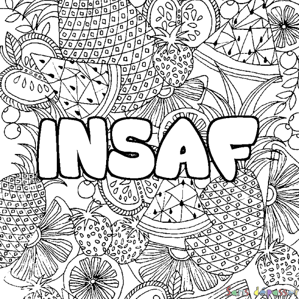 Coloriage pr&eacute;nom INSAF - d&eacute;cor Mandala fruits