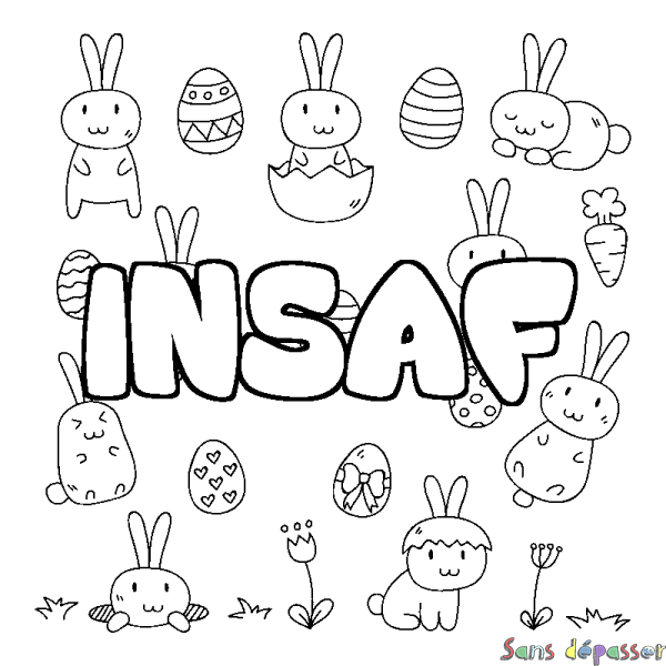 Coloriage pr&eacute;nom INSAF - d&eacute;cor Paques