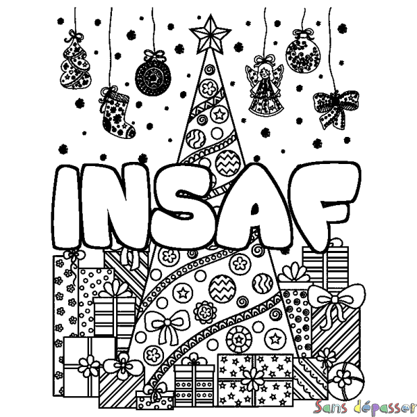 Coloriage prénom INSAF - d&eacute;cor Sapin et Cadeaux