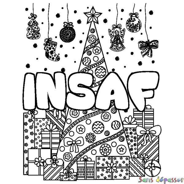 Coloriage pr&eacute;nom INSAF - d&eacute;cor Sapin et Cadeaux