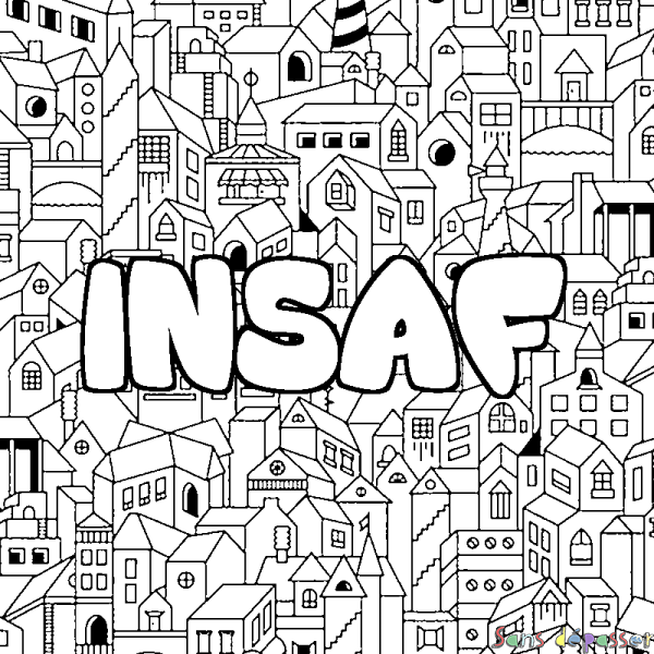 Coloriage pr&eacute;nom INSAF - d&eacute;cor Ville