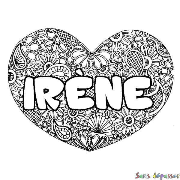 Coloriage pr&eacute;nom IR&Egrave;NE - d&eacute;cor Mandala coeur