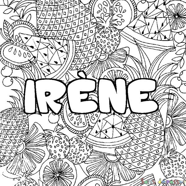 Coloriage pr&eacute;nom IR&Egrave;NE - d&eacute;cor Mandala fruits