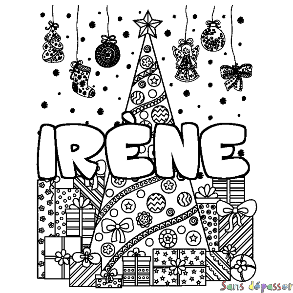 Coloriage pr&eacute;nom IR&Egrave;NE - d&eacute;cor Sapin et Cadeaux