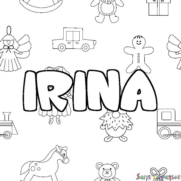 Coloriage pr&eacute;nom IRINA - d&eacute;cor Jouets