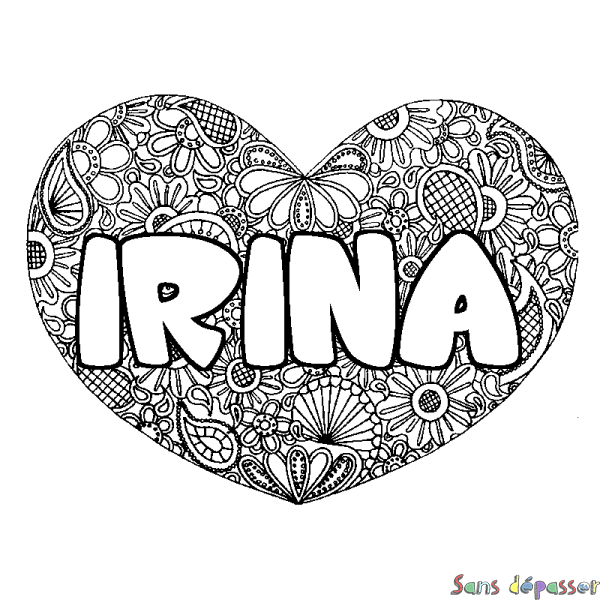 Coloriage prénom IRINA - d&eacute;cor Mandala coeur