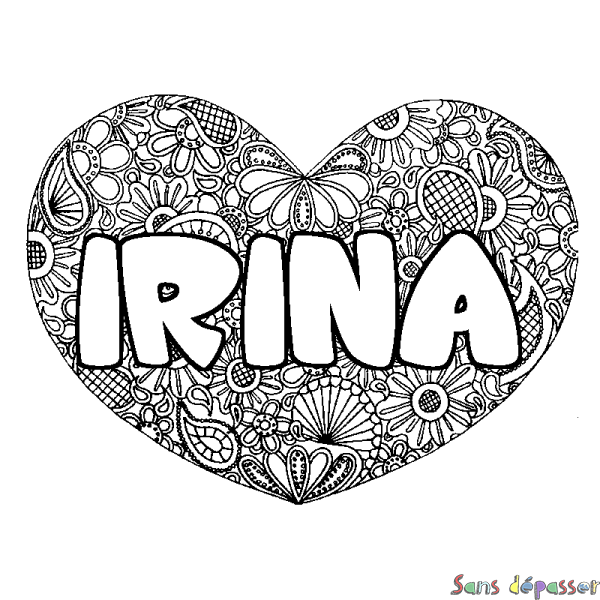 Coloriage pr&eacute;nom IRINA - d&eacute;cor Mandala coeur