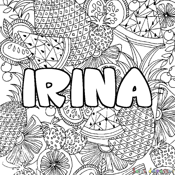 Coloriage prénom IRINA - d&eacute;cor Mandala fruits