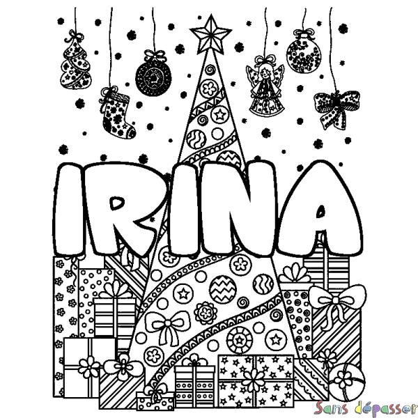 Coloriage prénom IRINA - d&eacute;cor Sapin et Cadeaux