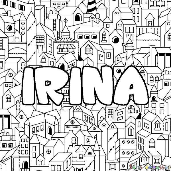 Coloriage prénom IRINA - d&eacute;cor Ville