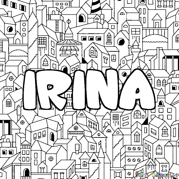 Coloriage pr&eacute;nom IRINA - d&eacute;cor Ville