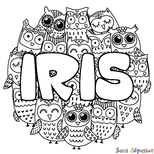 Coloriage pr&eacute;nom IRIS - d&eacute;cor Chouettes