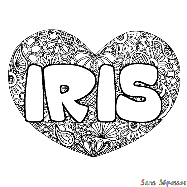 Coloriage pr&eacute;nom IRIS - d&eacute;cor Mandala coeur
