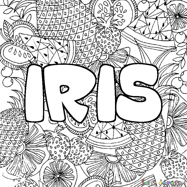 Coloriage pr&eacute;nom IRIS - d&eacute;cor Mandala fruits