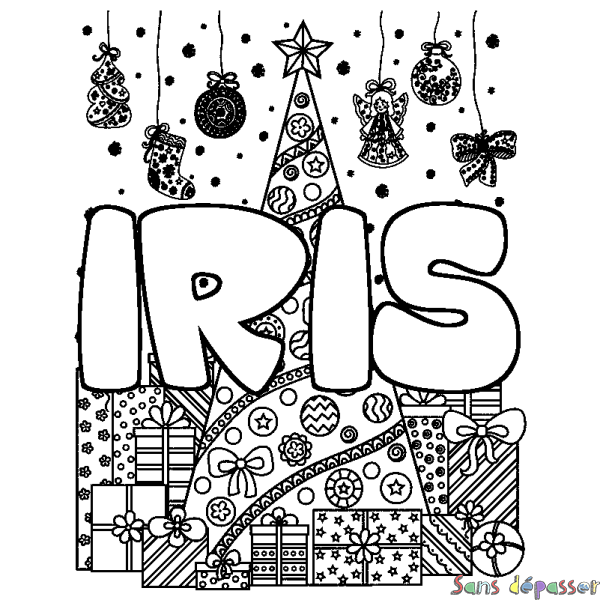 Coloriage prénom IRIS - d&eacute;cor Sapin et Cadeaux
