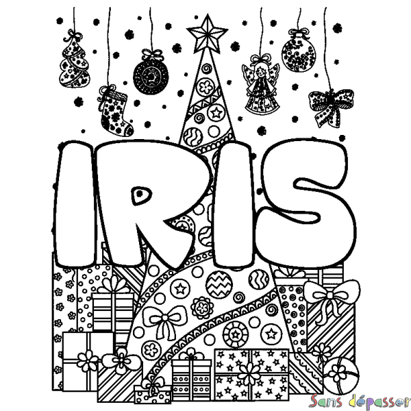 Coloriage pr&eacute;nom IRIS - d&eacute;cor Sapin et Cadeaux