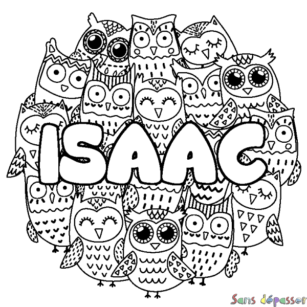 Coloriage pr&eacute;nom ISAAC - d&eacute;cor Chouettes