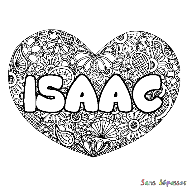 Coloriage pr&eacute;nom ISAAC - d&eacute;cor Mandala coeur